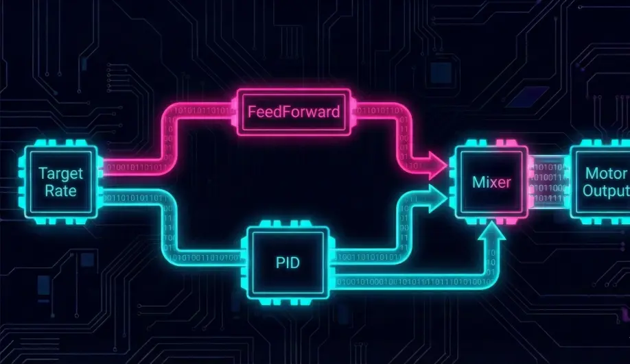Block diagram comparing FeedForward and PID paths in the Rate Loop.