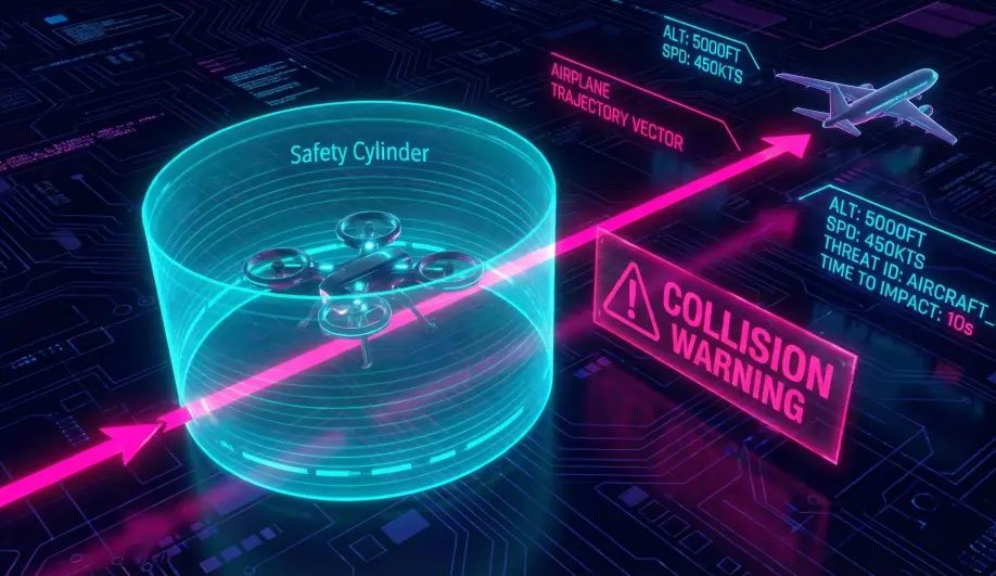 3D diagram of the ADS-B threat cylinder and collision course detection.