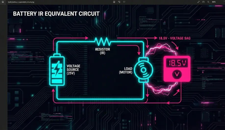 Equivalent circuit diagram of a battery showing Internal Resistance and Voltage Sag.