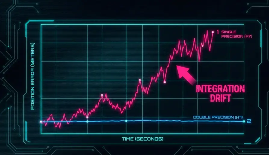 Graph comparing integration drift between Single Precision and Double Precision FPUs.