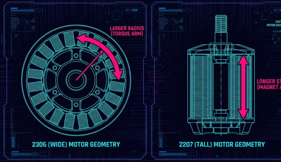 Comparison of 2306 vs 2207 motor stator geometry and torque arms.