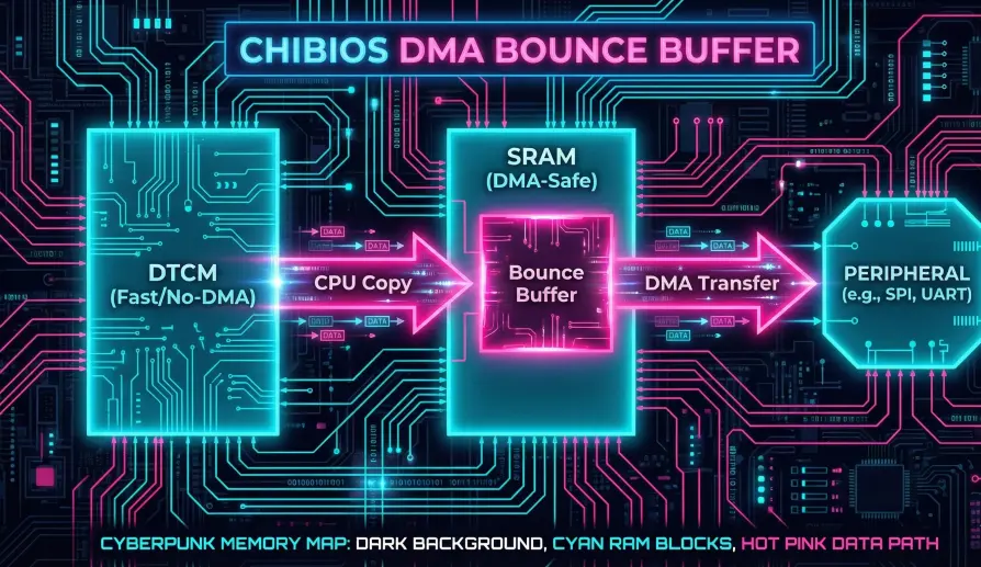 Memory map illustrating the use of DMA Bounce Buffers in ChibiOS.