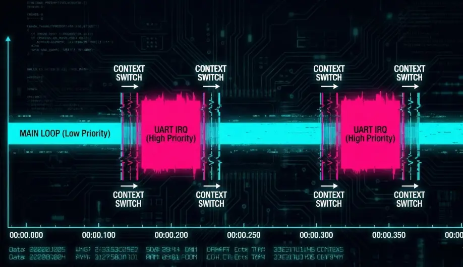 Timeline diagram showing preemptive multitasking between the Main Loop and Interrupts in ChibiOS.