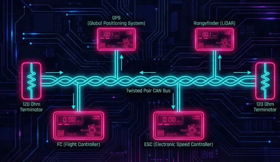 Schematic of the DroneCAN bus topology showing nodes and terminators.