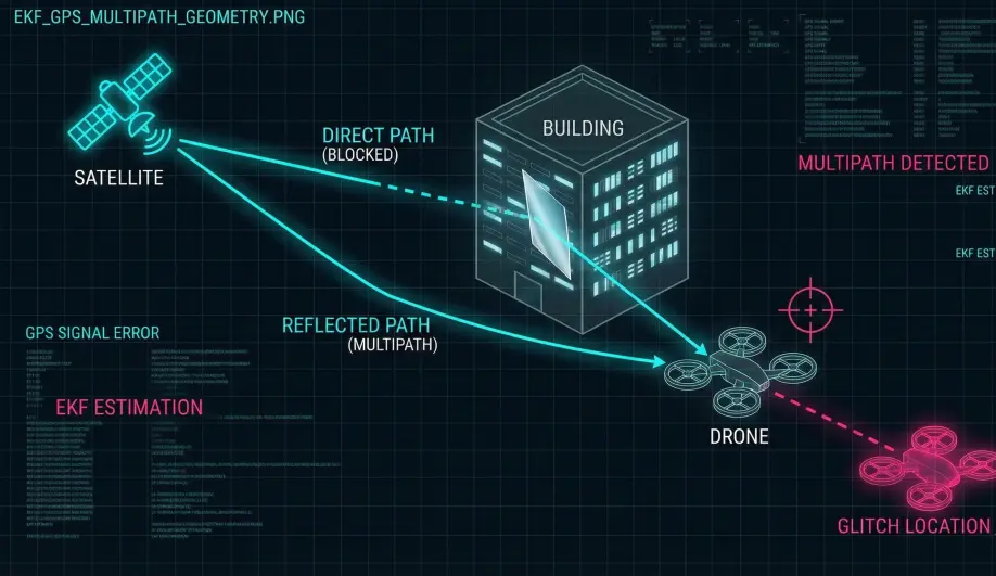 Geometric diagram illustrating GPS multipath interference and signal reflection.
