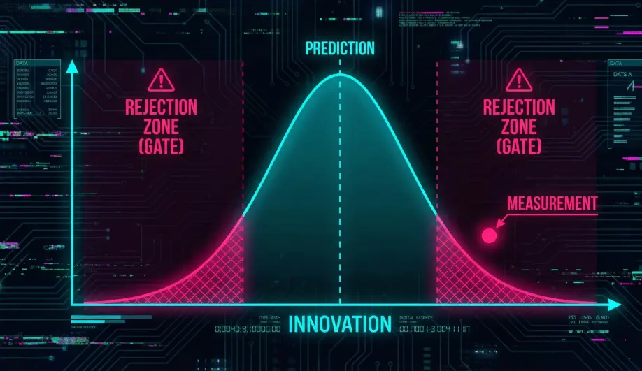 Gaussian Bell Curve showing EKF Innovation Gates and rejection zones.
