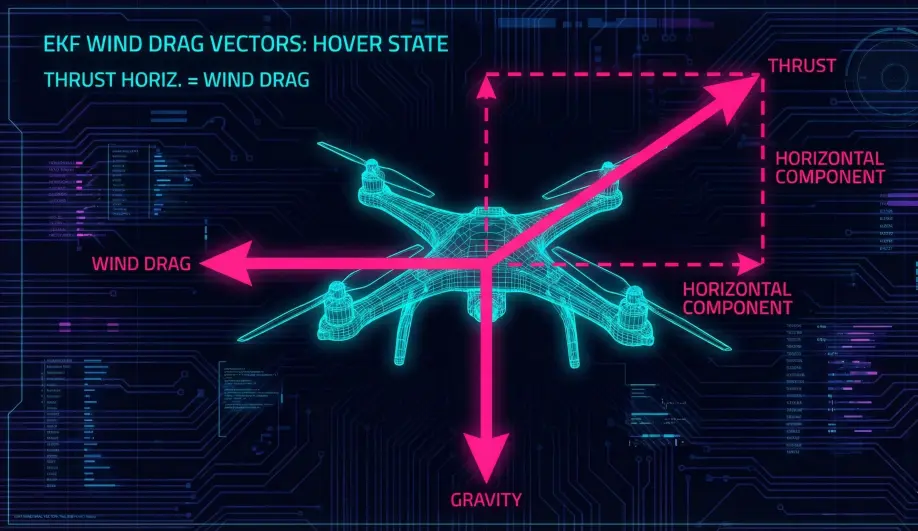 Force diagram showing gravity, thrust, and wind drag on a hovering drone.