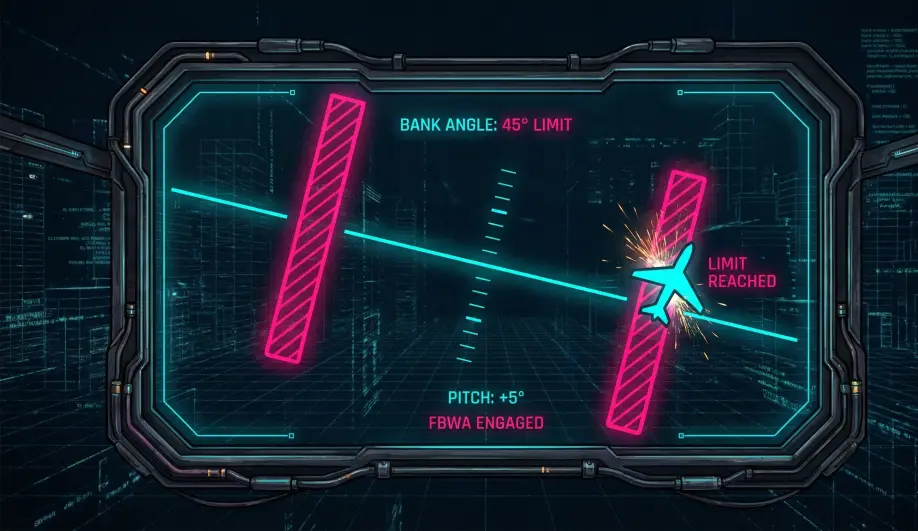 Cockpit view illustrating the bank angle limits in Fly By Wire A mode.