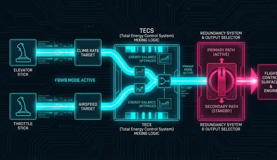 Control logic diagram for Fly By Wire B showing TECS integration.