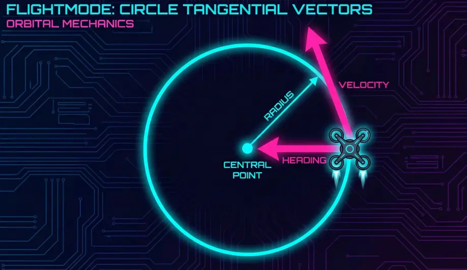 Orbit geometry showing tangential velocity and center-facing heading vectors.