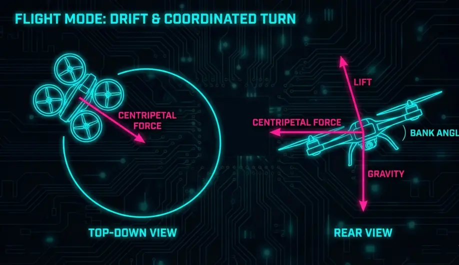 Force diagram showing Lift, Gravity, and Centripetal Force in a coordinated turn.