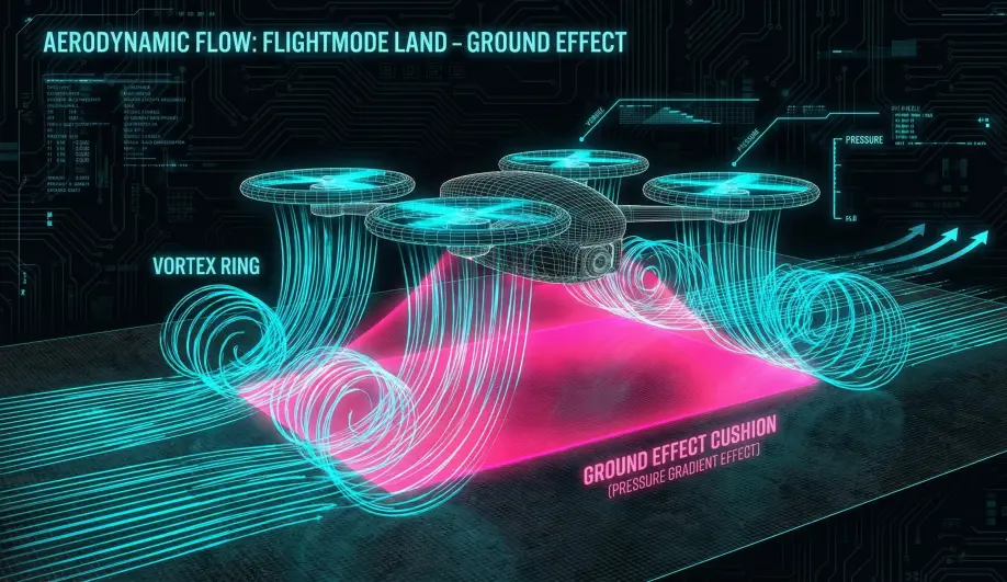 Aerodynamic diagram illustrating the Ground Effect cushion under a landing drone.