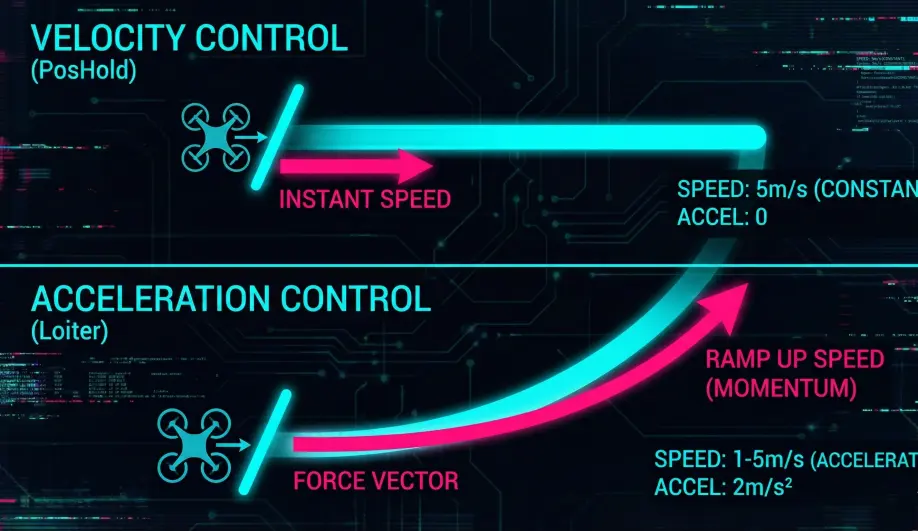 Comparison diagram of Velocity Control versus Acceleration Control physics.