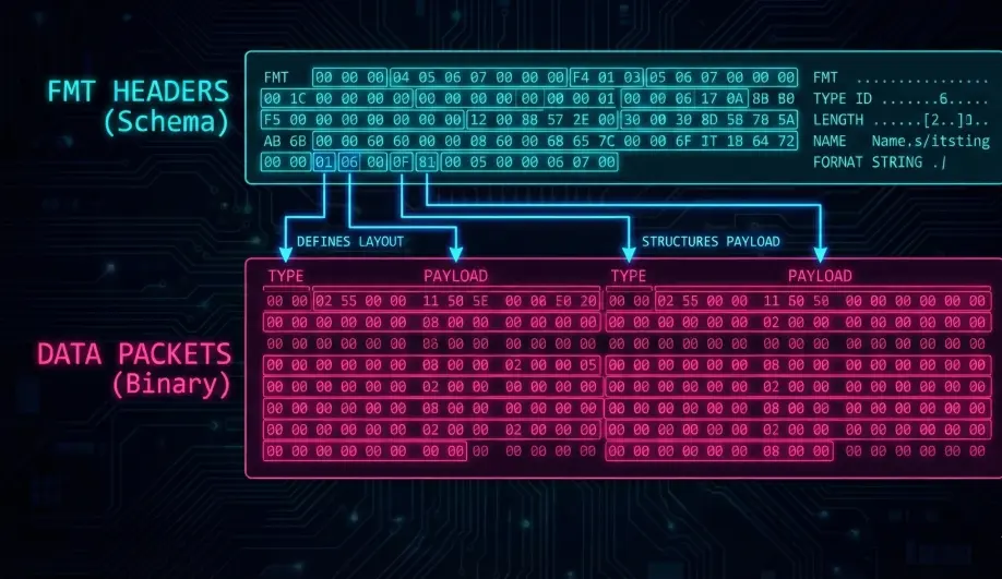 Diagram of the self-describing DataFlash binary log file structure.