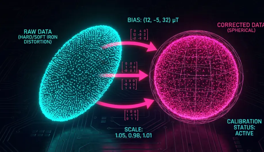 3D scatter plot showing magnetic field correction from ellipsoid to sphere.