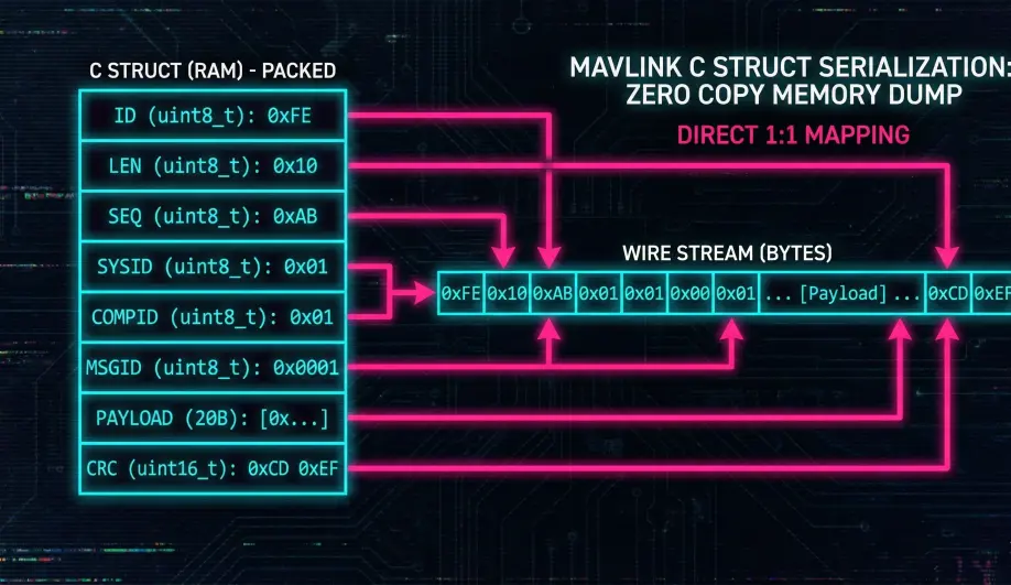 Diagram illustrating the direct mapping between C-structs and MAVLink wire format.