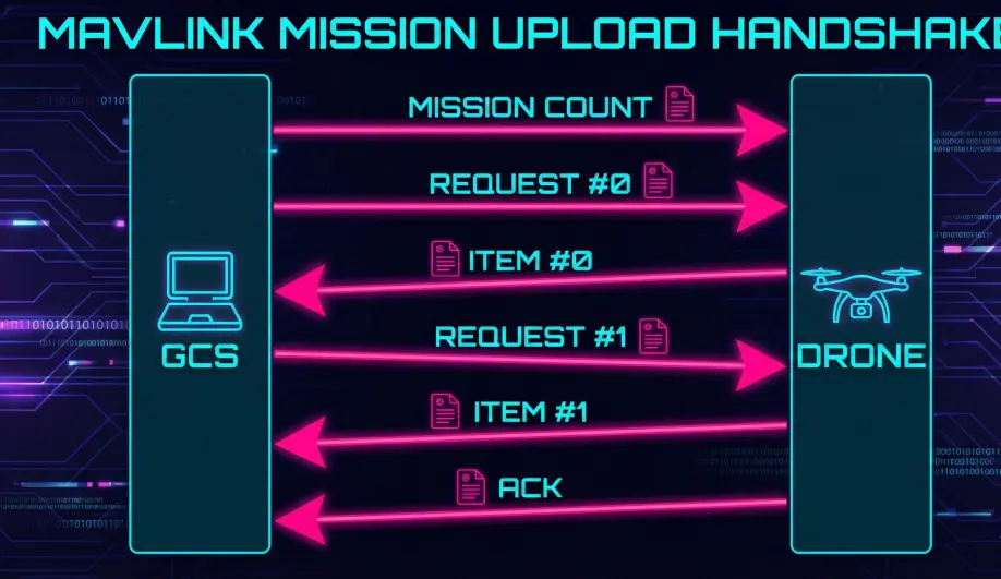 Swimlane diagram of the MAVLink Mission Upload handshake protocol.