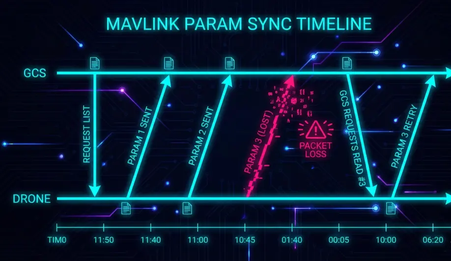 Sequence diagram of MAVLink parameter synchronization and retry logic.