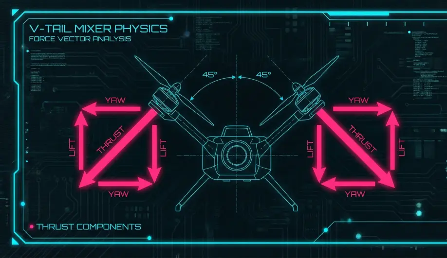 Physics diagram showing thrust, lift, and yaw forces on a V-Tail frame.