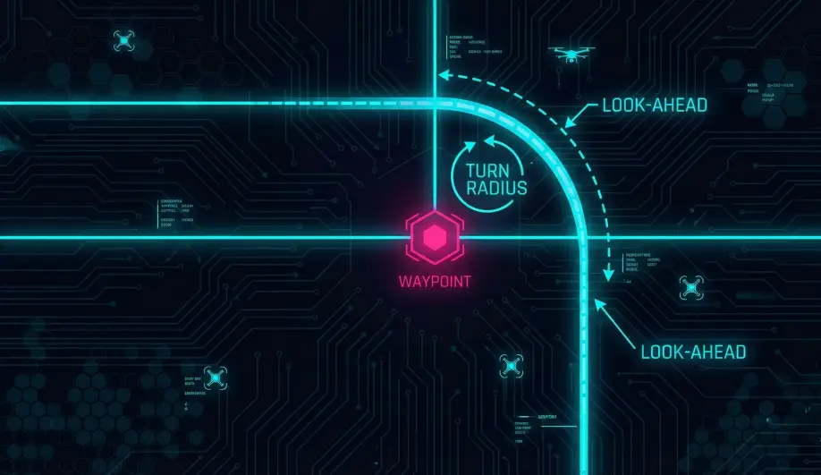 Schematic showing how a drone blends the path at a waypoint corner.