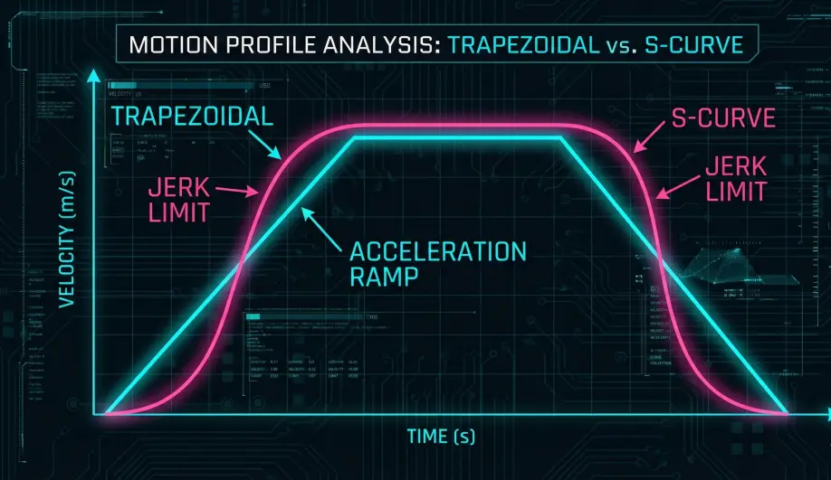 Graph comparing smooth S-Curve velocity profiles against sharp Trapezoidal profiles.