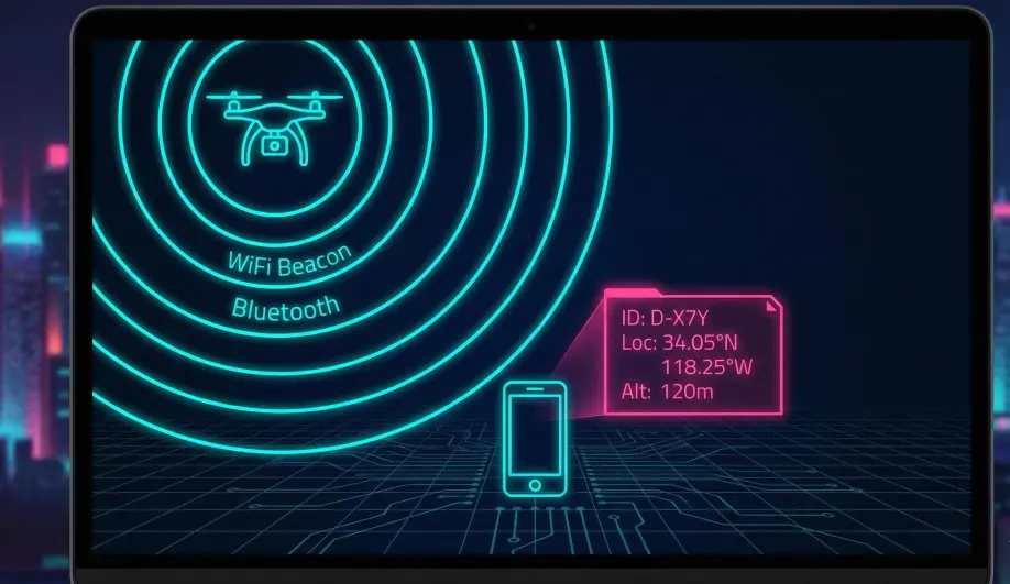 Diagram showing Remote ID signal broadcasting via WiFi and Bluetooth.