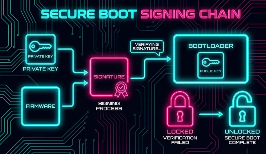 Diagram of the Secure Boot cryptographic signing and verification chain.