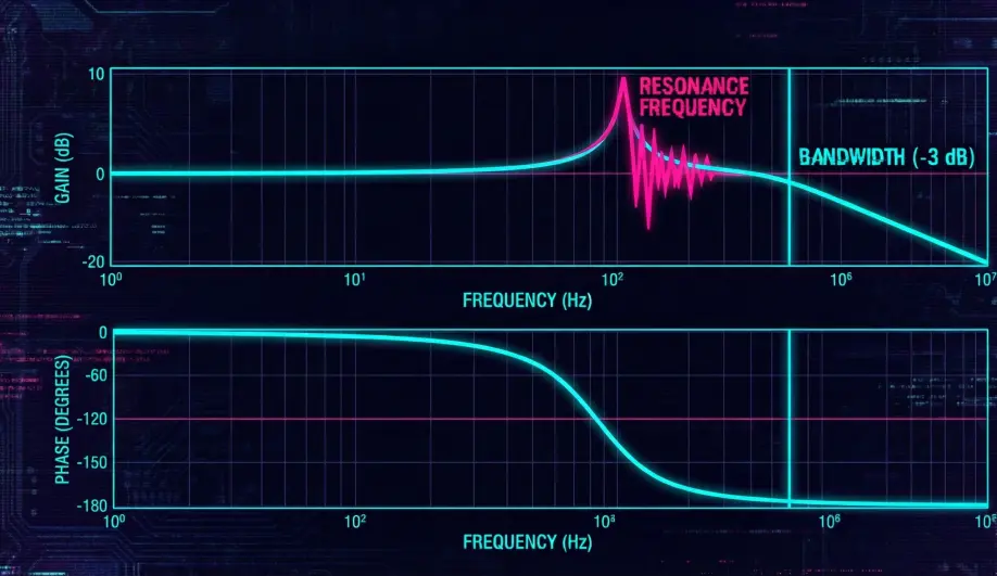 Example Bode Plot showing system bandwidth and resonance frequency.