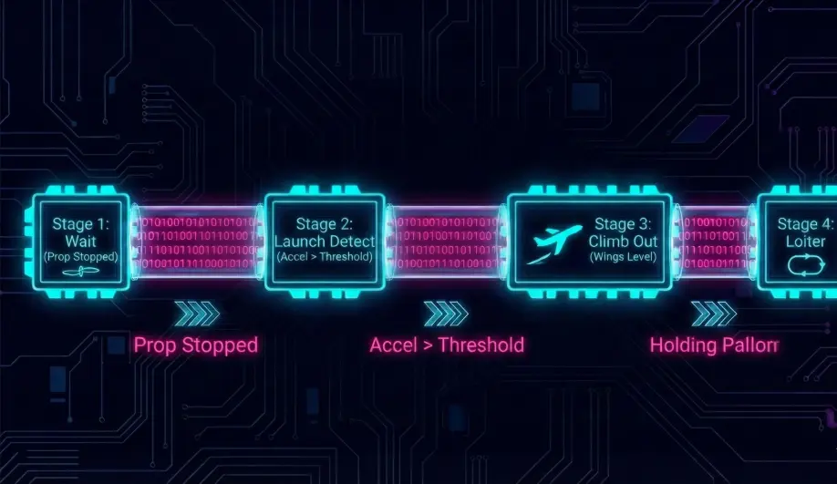 Diagram showing the sequential stages of the automated Takeoff Mode logic.