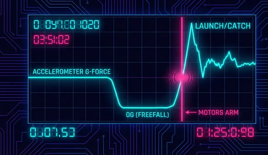 Accelerometer graph showing the freefall detection logic for Throw Mode.