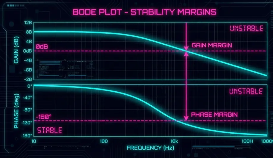 Bode Plot displaying Gain and Phase Margins for stability analysis.