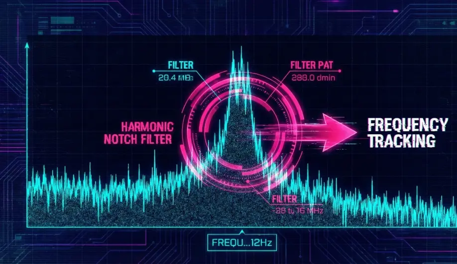 Frequency spectrum showing the Dynamic Harmonic Notch filter tracking a noise peak.