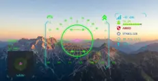MAVLink HUD UI overlaid on top of an FPV view of some scenic mountains from the air.